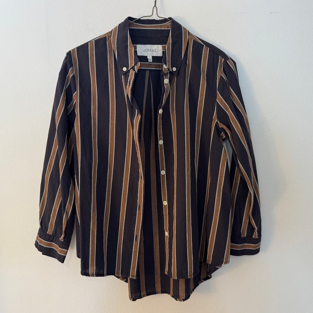 THE GREAT. Striped 100% Cotton Button Up Shirt Size 0 Casual Workwear Collar Top